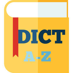 Illustration Of A Dictionary Book With The Title Dict A-Z In Blue And Red Colors On A Yellow Background With A Bookmark And A Light Blue Shadow