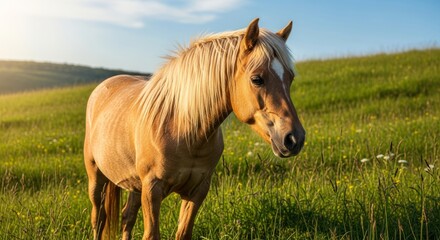 Falabella miniature horse with a small, elegant body and gentle posture standing on grassy terrain. Known as one of the smallest horse breeds, admired for its calm and friendly nature.