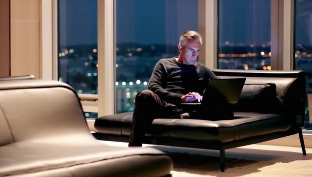 Man working on laptop in luxury apartment with city skyline view at night.