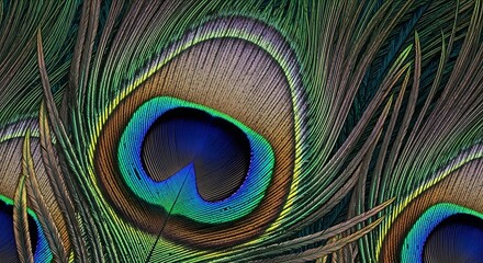 Close-up of iridescent peacock feathers displaying vibrant colors and intricate patterns.