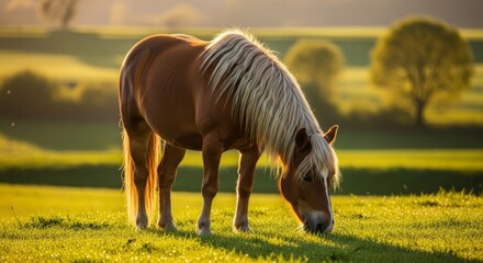 Falabella miniature horse with a small, elegant body and gentle posture standing on grassy terrain. Known as one of the smallest horse breeds, admired for its calm and friendly nature.