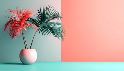 A vibrant, minimalist composition palm fronds in a white pot against a two-tone backdrop