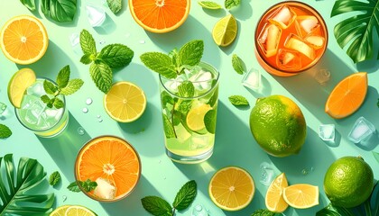 A vibrant overhead shot of citrus fruits, drinks, mint, and ice on a light green surface