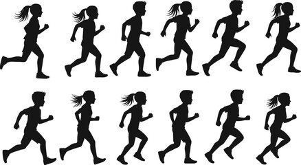 Children running silhouette collection featuring boys and girls in motion, athletic kid poses, jogging, sprinting, active youth vector illustration