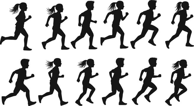 Children running silhouette collection featuring boys and girls in motion, athletic kid poses, jogging, sprinting, active youth vector illustration