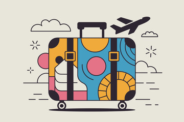 Vibrant Illustrated Suitcase with Playful Patterns and Airplane in Cloudy Sky Symbolizing Adventure and Travel