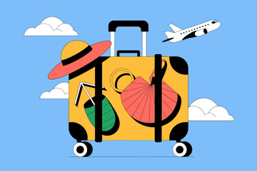 Vibrant Illustrated Suitcase with Playful Patterns and Airplane in Cloudy Sky Symbolizing Adventure and Travel