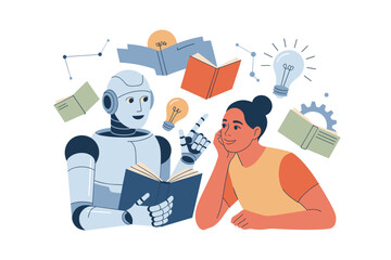 Curious Child Engaging with Educative Robot Over a Colorful Book in a Creative Learning Atmosphere