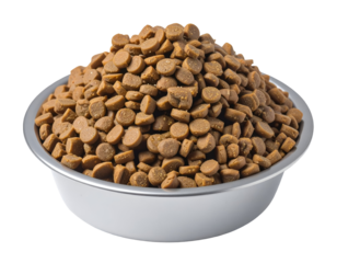 A white bowl filled with dry, small, round, and uniform brown pet food kibble on a plain background