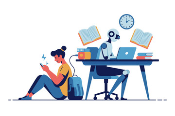 Contemporary Study Scene with Student Engaged on Phone while Robot Completes Homework at Desk in Bright, Colorful Setting