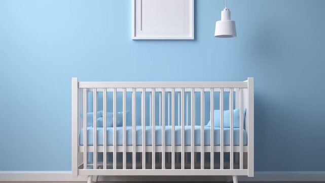 A serene interior scene showcasing a blank framed picture hanging on a light blue wall, with a minimalist white crib and hanging lamp, creating a calm and welcoming atmosphere, perfect for baby...