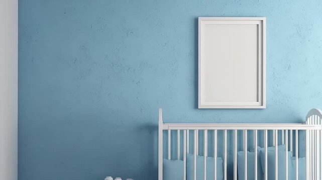 A baby crib with blue pillows and a white framed picture hanging on a textured light blue wall creates a serene and welcoming nursery aesthetic, perfect for design concepts.