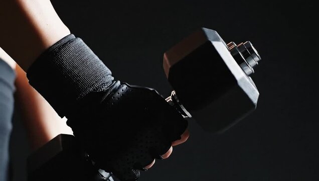 Strong arm in black glove holding a heavy dumbbell during a fitness workout.
