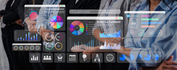Multiple analytics dashboards with charts and graphs representing marketing data, SEO insights, and performance management Parse