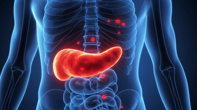 Anatomical illustration of a diseased human pancreas highlighted in red within the digestive system.