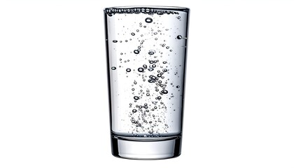 A tall glass filled with bubbly, clear liquid against a stark white backdrop