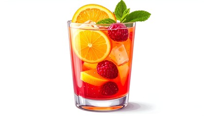 A vibrant red cocktail with citrus fruit, ice, raspberries, and mint garnish in a tall glass