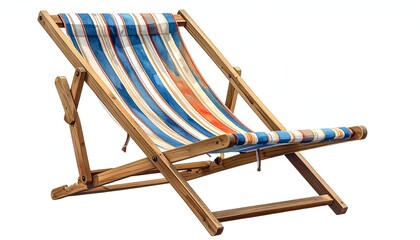A wooden, folding deck chair with striped fabric against a white background