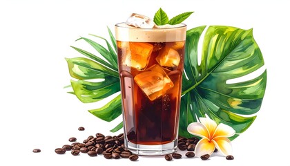 Artistic rendering of iced coffee with lush greenery, coffee beans, and tropical flower