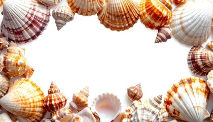 Assortment of seashells, forming a frame around white space, isolated background