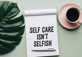 Naklejka premium Self care isn t selfish notepad with coffee and leaf