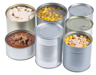 Assorted canned foods including vegetables, meat, and seafood with pull-tab lids displayed together