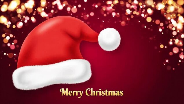 Festive Santa Hat on Red Background with Bokeh Lights for Christmas.