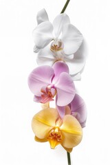 Obraz premium Graceful cascade of orchid blooms, transitioning from pure white to soft pink to golden yellow.