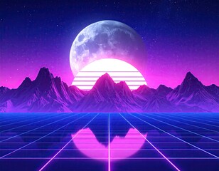 Synthwave landscape moon, mountains, grid, neon glow