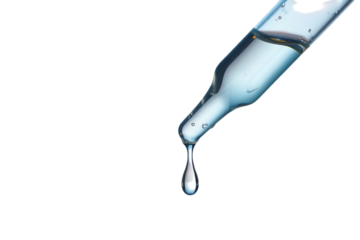 Droplet of clear liquid falling from a glass pipette isolated on transparent background