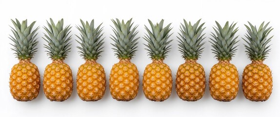 Fototapeta premium A vibrant row of ripe pineapples arranged neatly against a stark white backdrop and background.