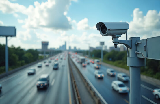 Security camera watches busy highway traffic. Cars drive on multi lane road, monitoring for safety and violations. City skyline in background.