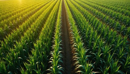 Aerial view captures vast green field with neat rows of young plants. Golden sun rays illuminate growing crops at dawn dusk on farmland. Agriculture landscape represents healthy food production, eco