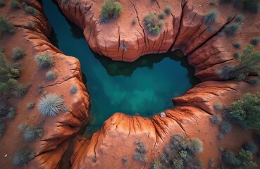 Aerial view of deep turquoise water pool surrounded by red sandstone cliffs. Sparse desert vegetation grows on arid cracked rock formations. Remote outback landscape reveals geological wonders.