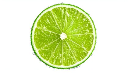 Close-up of a vibrant lime slice with water droplets, isolated on a white background