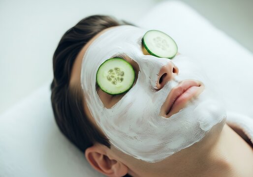 Woman with cucumber slices and face mask relaxing