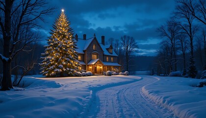 House adorned with christmas tree at night