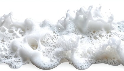 Close-up of frothy white soap bubbles, splashing upwards, isolated on a white background