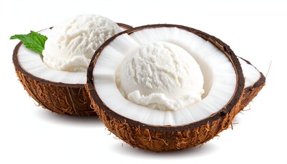 Close-up of scoops of white dessert in halved coconuts with a mint leaf