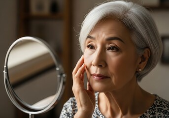 Elderly asian woman examining her face in a mirror