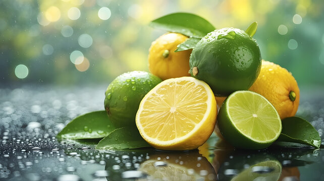 Fresh lemons and limes with water droplets vibrant citrus fruits for healthy eating and refreshing summer drinks on a dark reflective surface