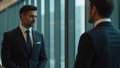 Confident businessman in black suit, tie stands in modern office, looks in mirror, adjusts appearance. Young professional male executive checks reflection, prepares for meeting presentation in