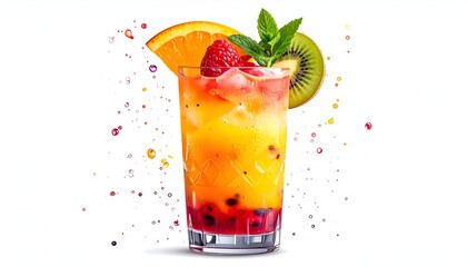 Colorful cocktail with fruit garnishes and ice, droplets spraying, isolated white