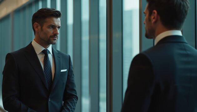 Confident businessman in black suit, tie stands in modern office, looks in mirror, adjusts appearance. Young professional male executive checks reflection, prepares for meeting presentation in