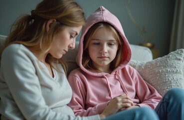 Worried mother consoles her sad teen daughter at home. Upset girl in hood sits near mom. Woman gives child comfort and support during psychological problems and adolescence crisis.