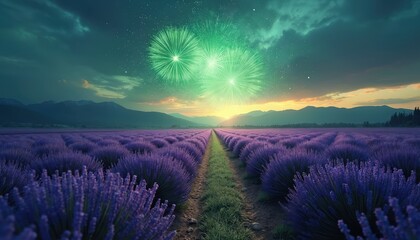 Purple lavender field under green fireworks at dusk. A pathway leads through rows of flowers toward mountains and a bright sky. Scenic nature background.