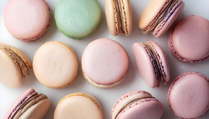 Assorted pastel French macarons arranged on white background viewed from above