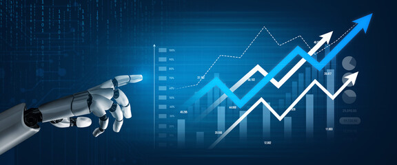 A robotic hand points toward digital graphs and growth trends, representing advanced technology and data analysis in contemporary business practices. Scalp