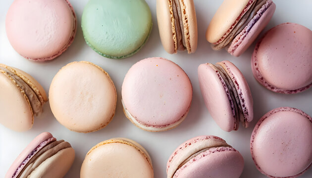 Assorted pastel French macarons arranged on white background viewed from above