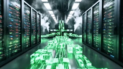A data center with rows of servers, digital pathways, and a futuristic, glowing aesthetic - Powered by Adobe